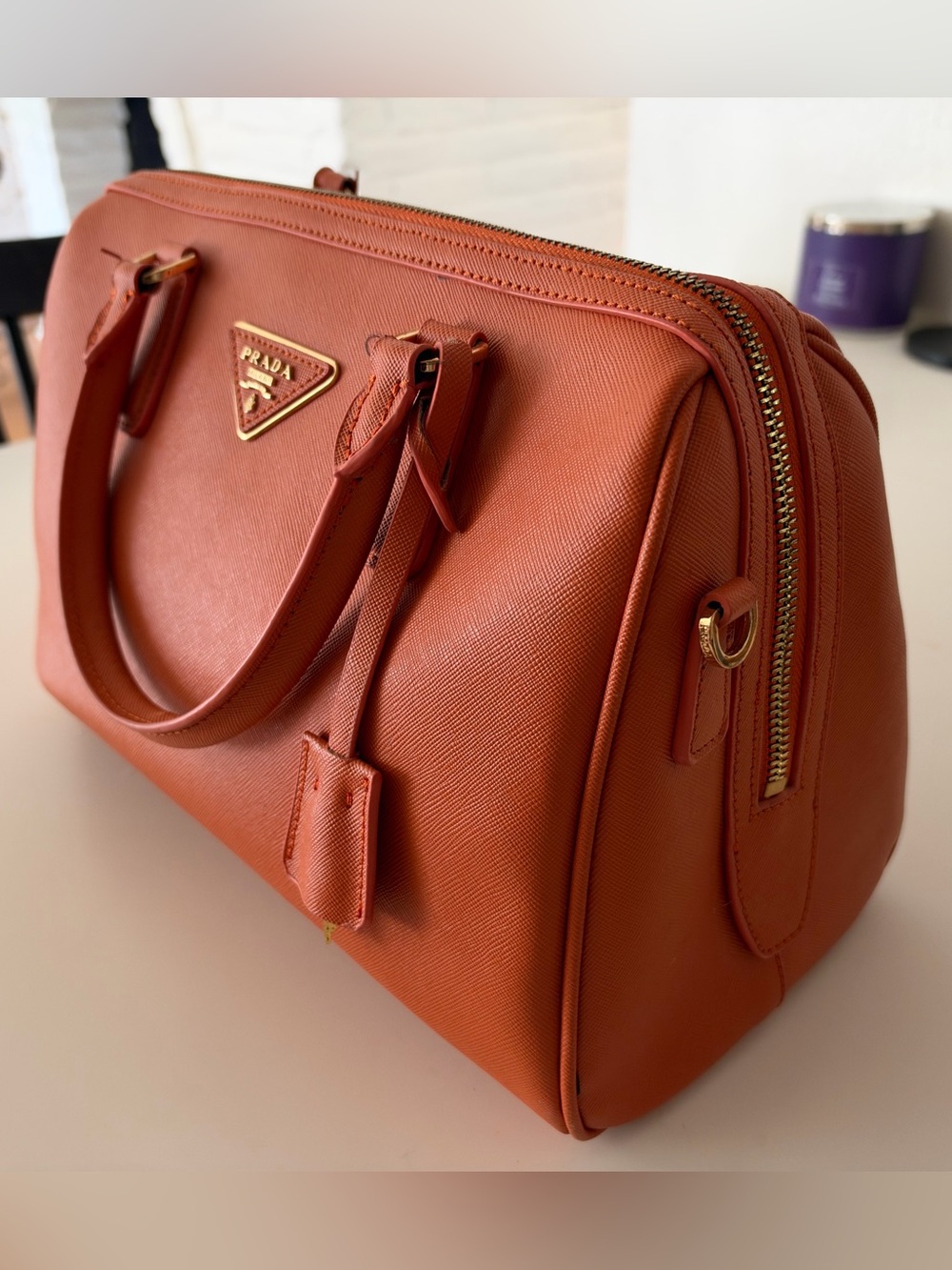 Prada Saffiano Lux Bowler Bag Papaya Orange Leather Top Handle Satchel - Picture 4 of 15